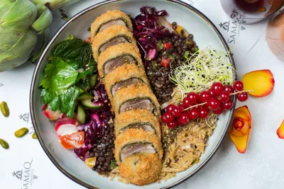 SamaQ-Bowl mit knusprig panierten Thunfisch-Röllchen